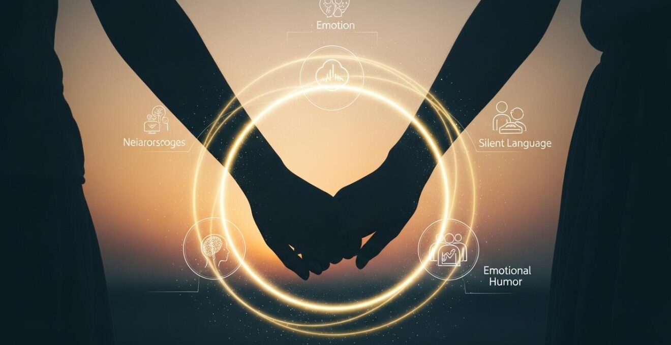 Illustration symbolique représentant les trois piliers d'une connexion amoureuse durable, avec deux silhouettes humaines se tenant la main entourées d'une aura lumineuse et des symboles représentant le mental, l'émotion, et le corps