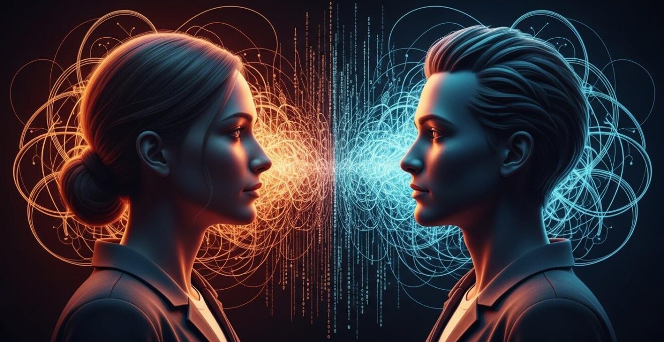 Illustration symbolique montrant deux figures humaines opposées séparées par des lignes d’algorithme entrelacées, symbolisant la perte de diversité dans les couples due aux algorithmes