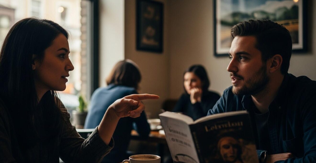 Illustration d’une personne qui engage une conversation naturelle dans un café, sans pression, en utilisant un élément partagé comme un livre ou un tableau