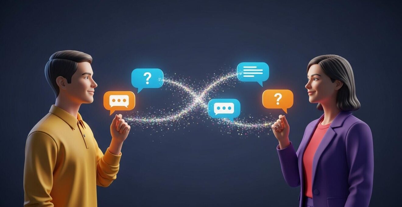 Illustration symbolique d’un échange dynamique de questions et réponses en chat avec bulles de dialogue colorées, symbolisant la connexion profonde