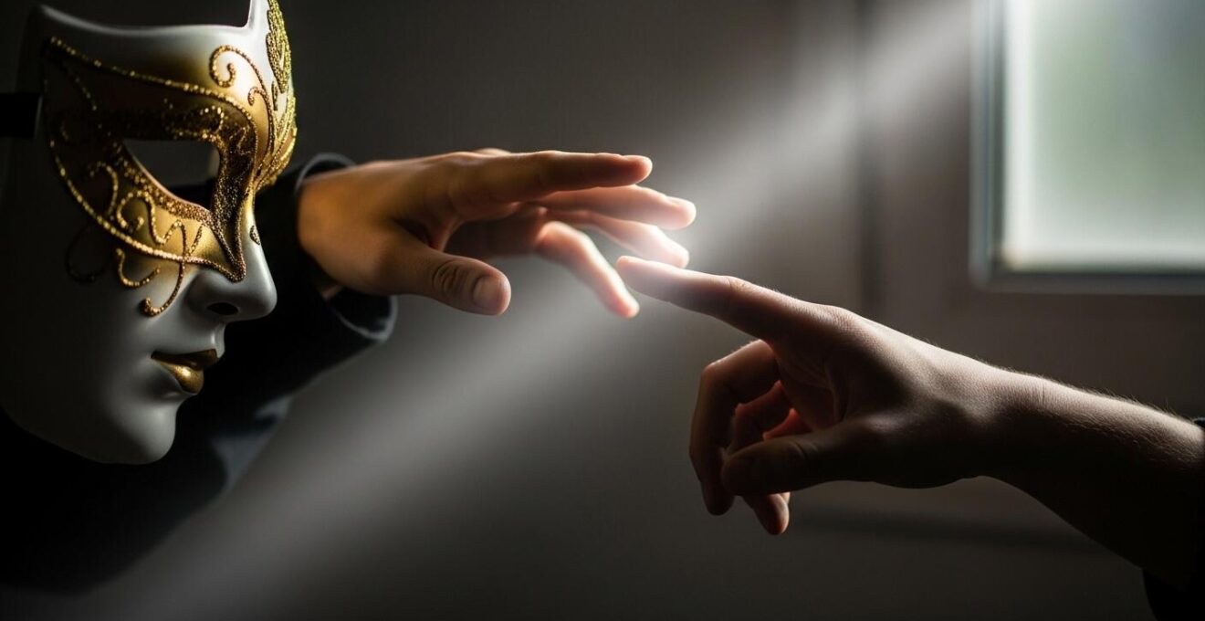 Deux mains se touchant légèrement, l'une avec un masque doré reflétant la lumière, l'autre avec une peau visible et vulnérable, symbolisant la transition entre apparence et authenticité.
