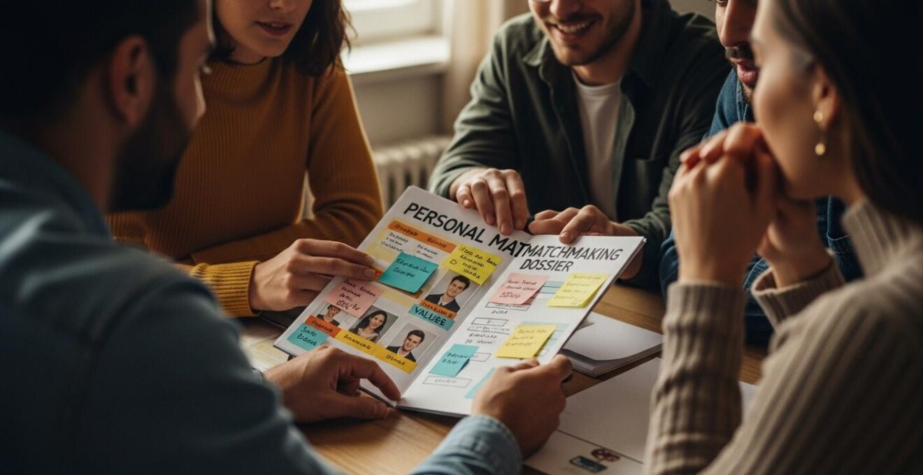 Illustration d'un dossier structuré avec photos et notes, entouré d'amis échangeant sur une rencontre amoureuse