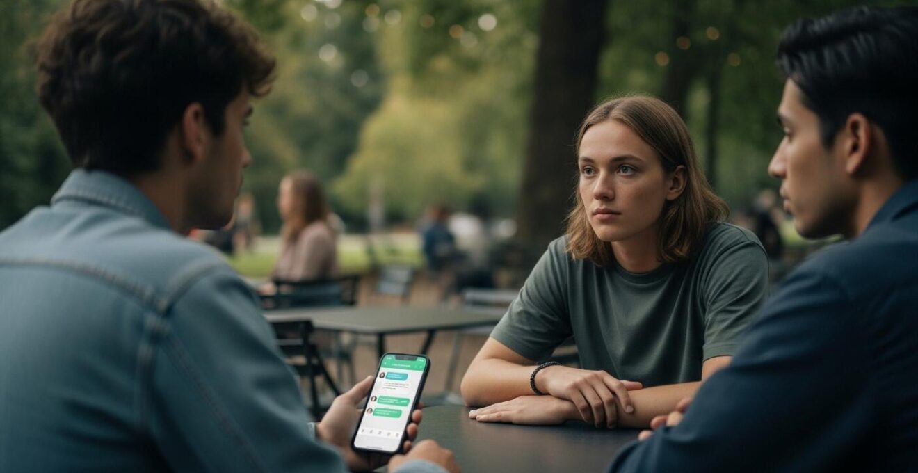 Visuel symbolique d'un rendez-vous en toute sécurité dans un lieu public bien éclairé avec téléphone en main
