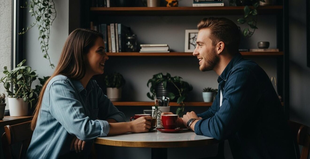 Jeune couple discutant dans un café chaleureux pour un premier rendez-vous