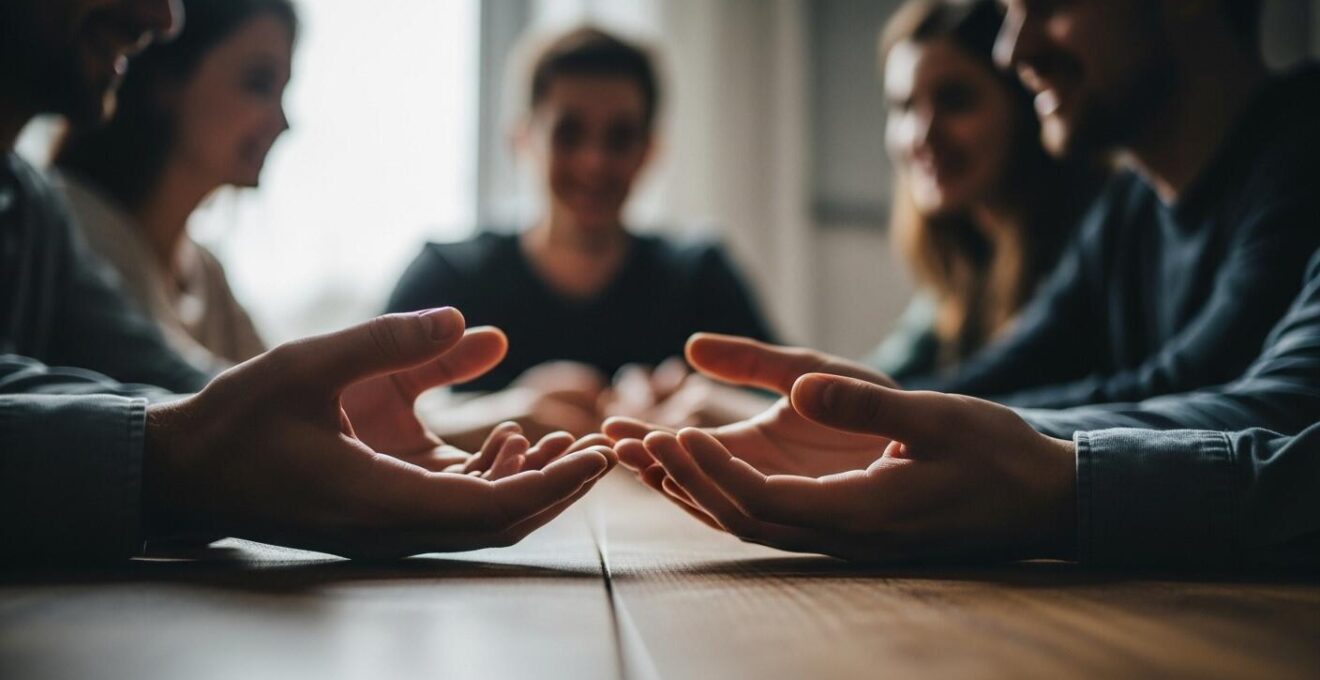 Gros plan sur les mains de deux personnes s'effleurant légèrement sur une table, accompagné d'un sourire sincère et d'un contact visuel chaleureux, symbolisant l'écoute active et l'acceptation.