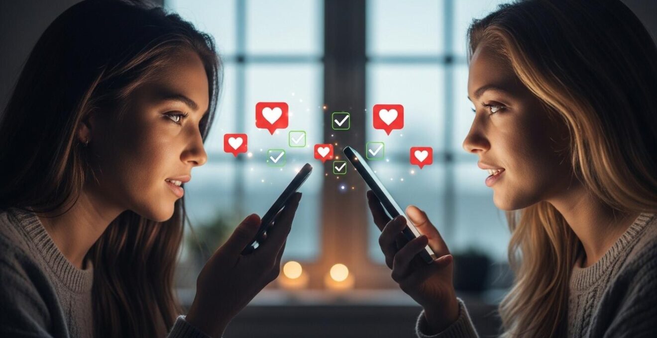 Une illustration symbolique montrant deux personnes échangeant des messages sur smartphone avec des filtres de compatibilité visibles entre elles