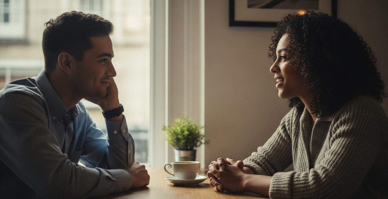 Deux personnes assises en face à face dans un café calme, souriant avec bienveillance, créant une atmosphère de confiance et de sécurité psychologique.
