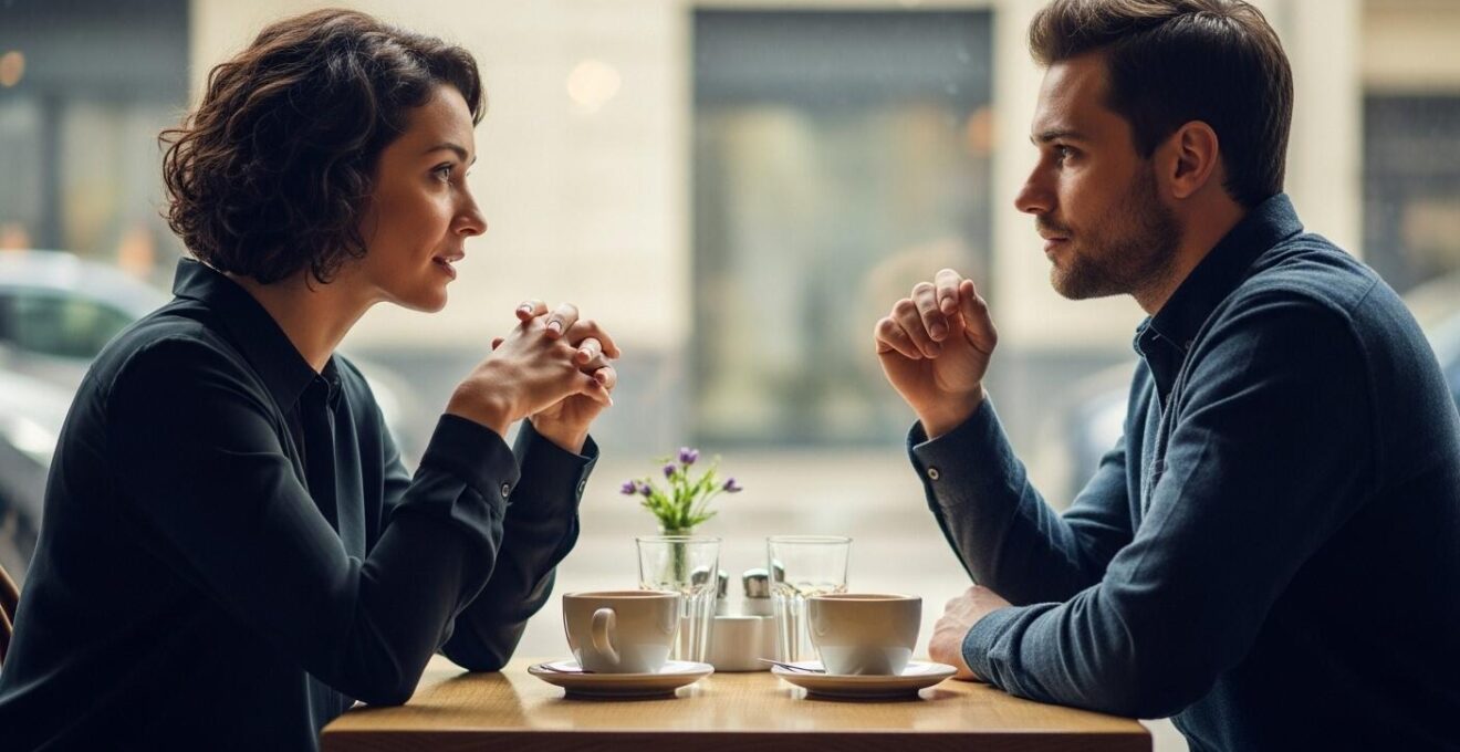 Couple en pleine discussion calme et respectueuse, illustrant une joute intellectuelle saine