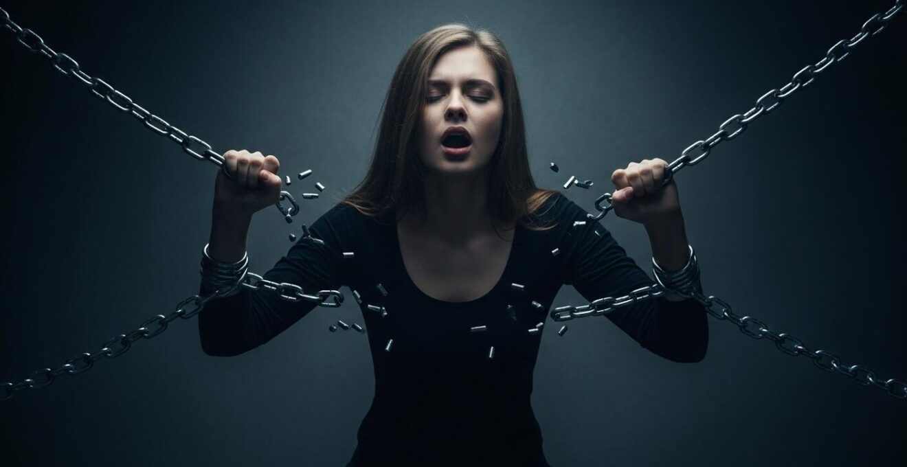 Une image symbolique montrant une jeune femme brisant des chaînes représentant des mythes romantiques