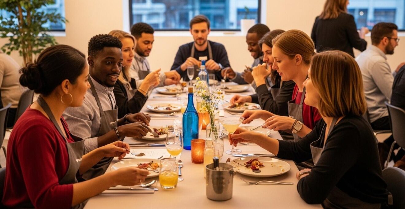 Scène chaleureuse d'un dîner où des invités partagent des passions culinaires et culturelles, avec échanges animés