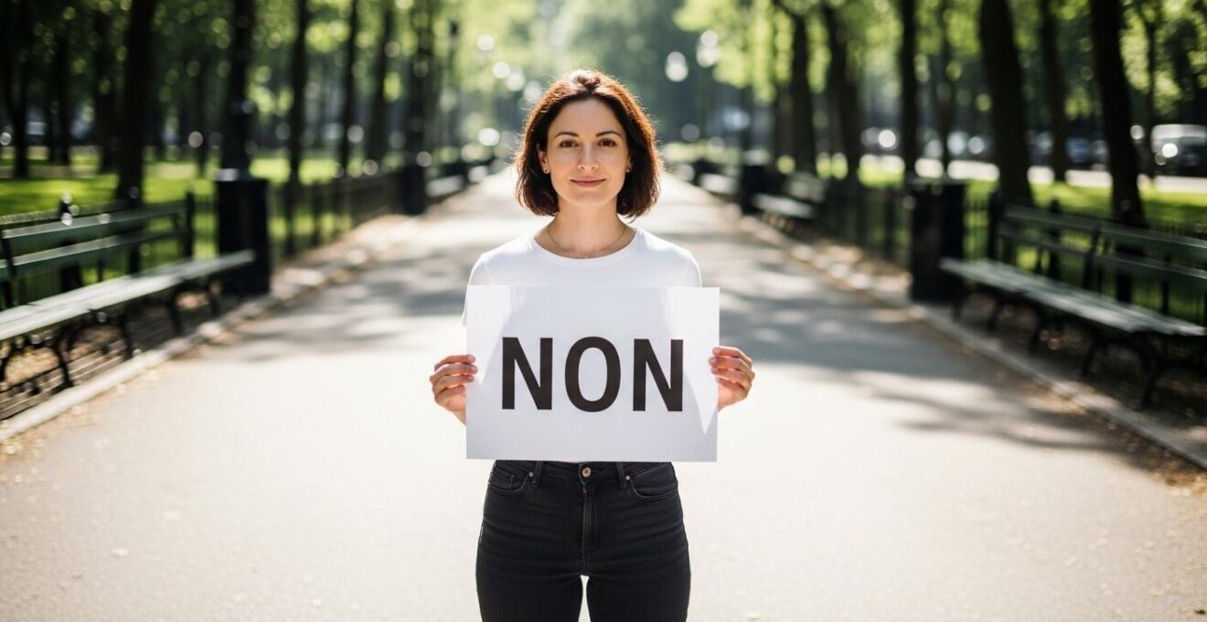 Femme souriante tenant fermement une pancarte avec un grand NON, symbolisant la force de dire non tout en respectant soi-même.