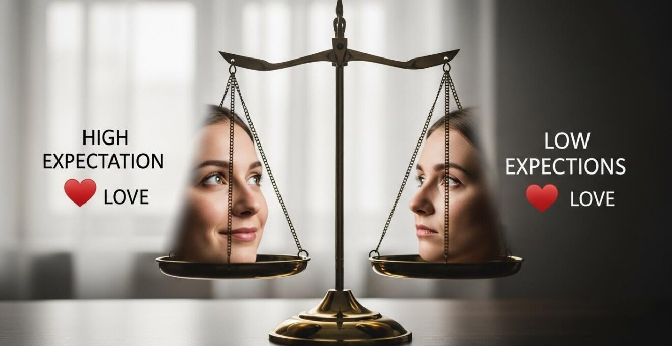 Une balance symbolique illustrant l'équilibre entre attentes amoureuses trop élevées ou trop basses, représentée par deux visages humains opposés