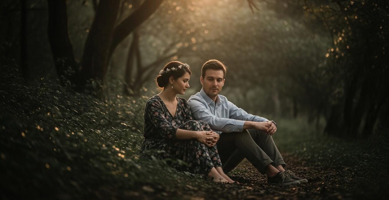 Un couple serein en pleine nature, incarnant l'acceptation détendue et le lâcher-prise dans la recherche de l'amour