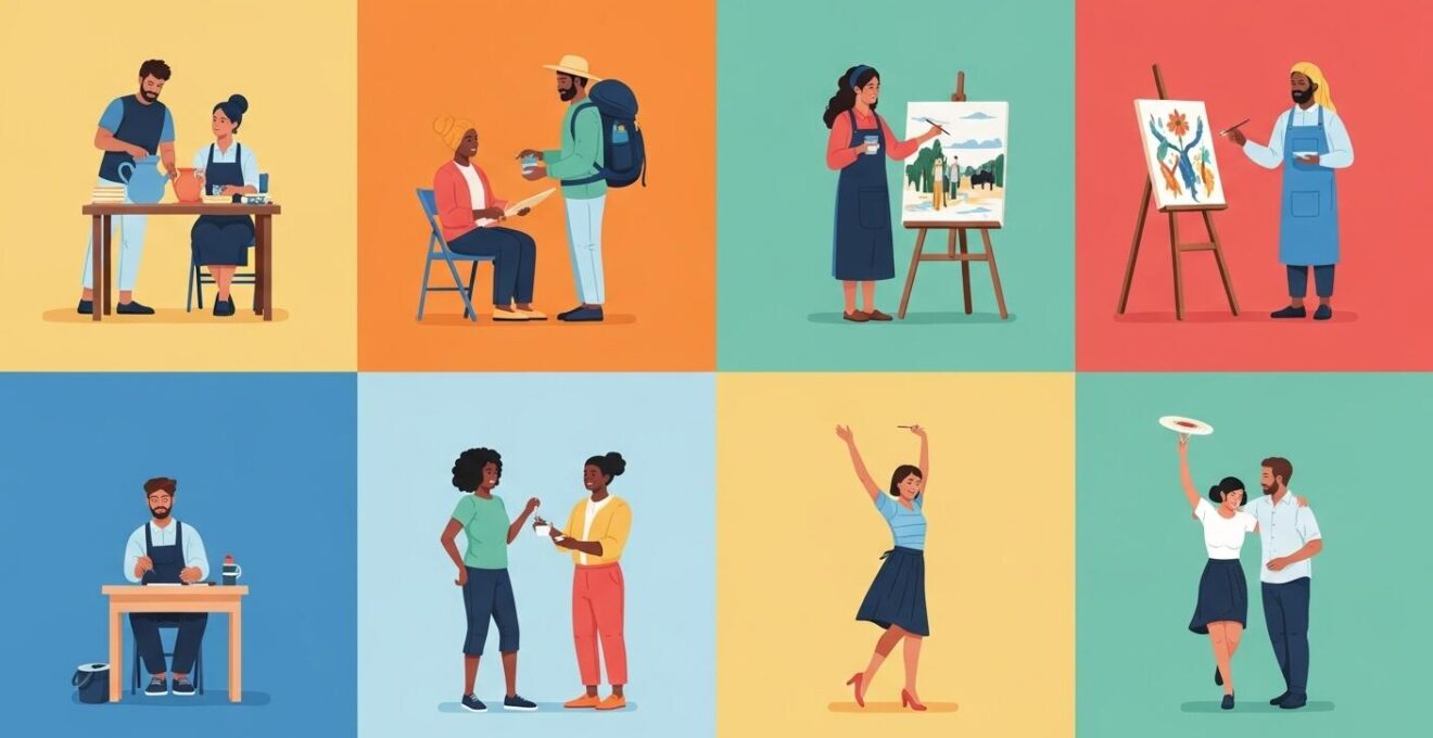 Groupe de célibataires divers en activités variées de loisirs, illustrant différents profils types