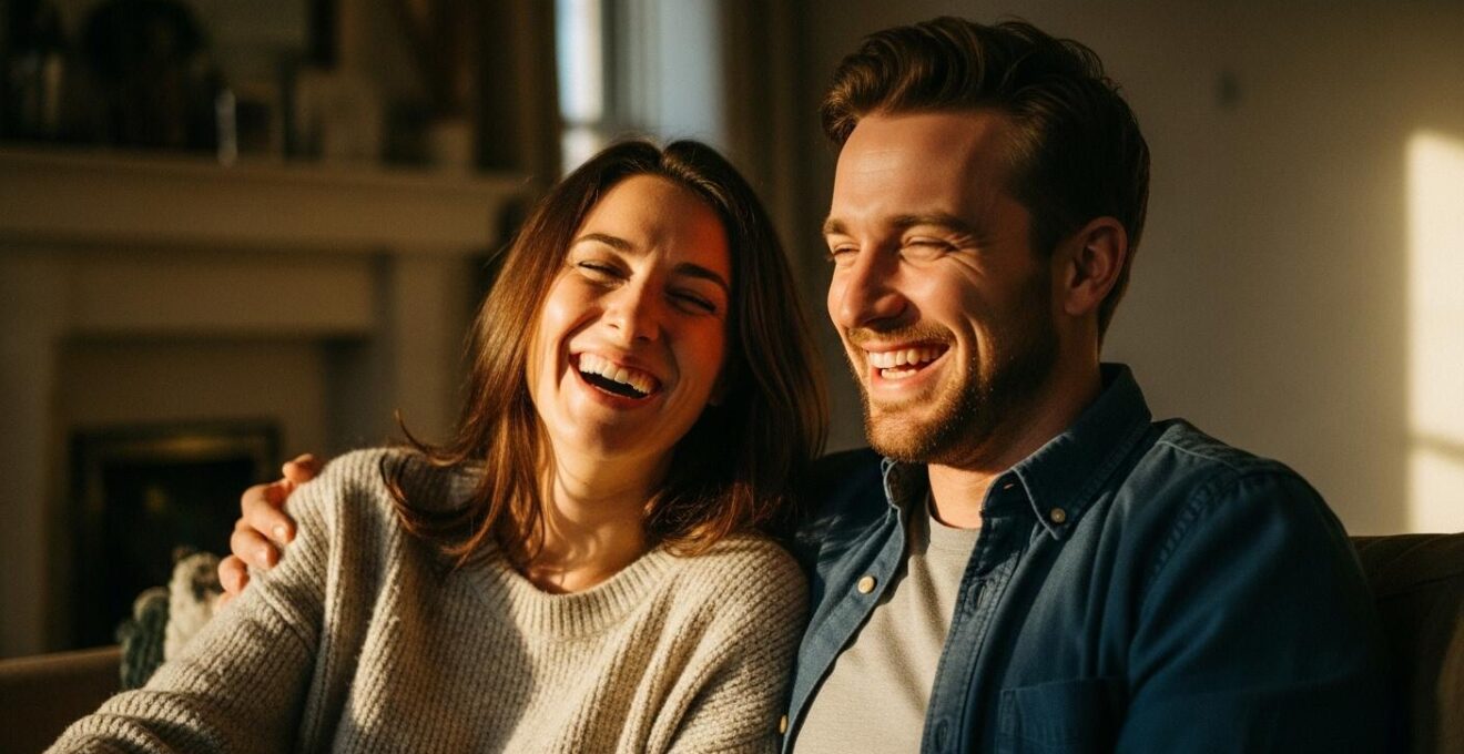 Couple riant ensemble dans une ambiance chaleureuse et détendue, capturant le lien profond créé par l'humour partagé
