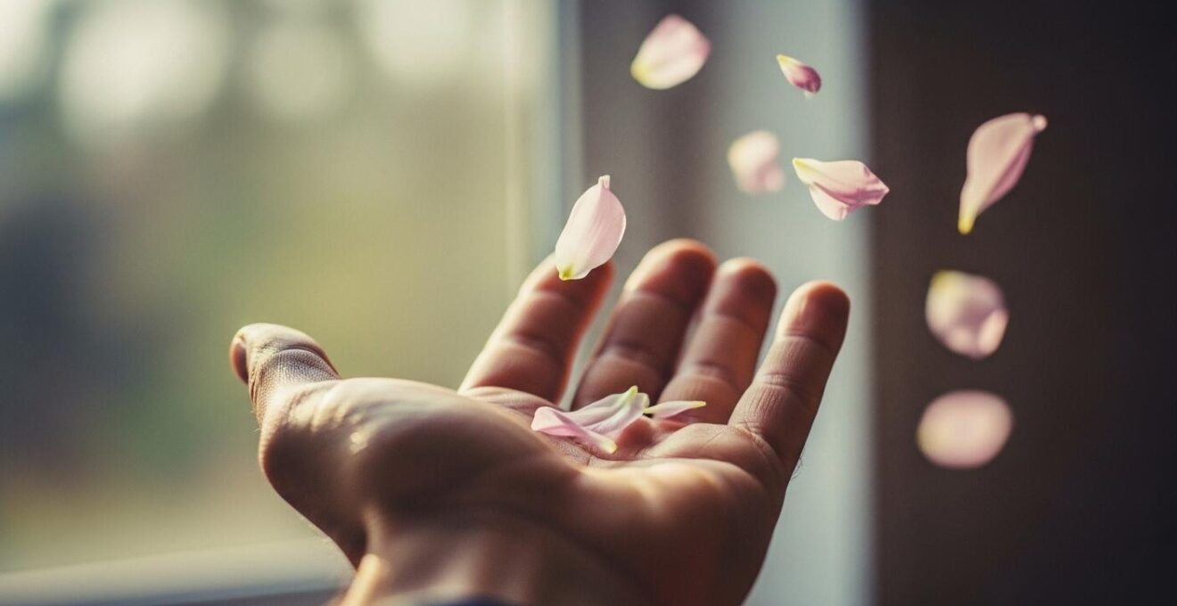 Une main qui lâche doucement des pétales de fleurs, symbolisant le lâcher-prise en amour