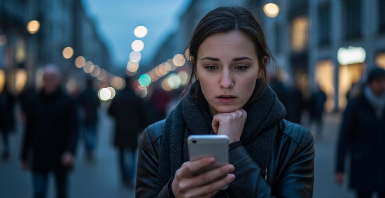 Une personne seule dans une ville animée, regardant avec stress un téléphone, symbolisant la pression de la quête amoureuse