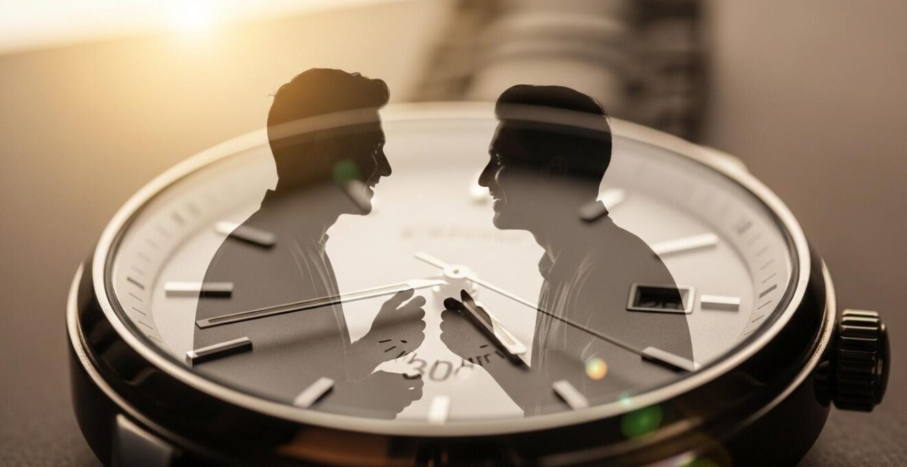 Illustration symbolique mettant en scène les 30 premières et dernières secondes d'un speed-dating avec une montre en arrière-plan