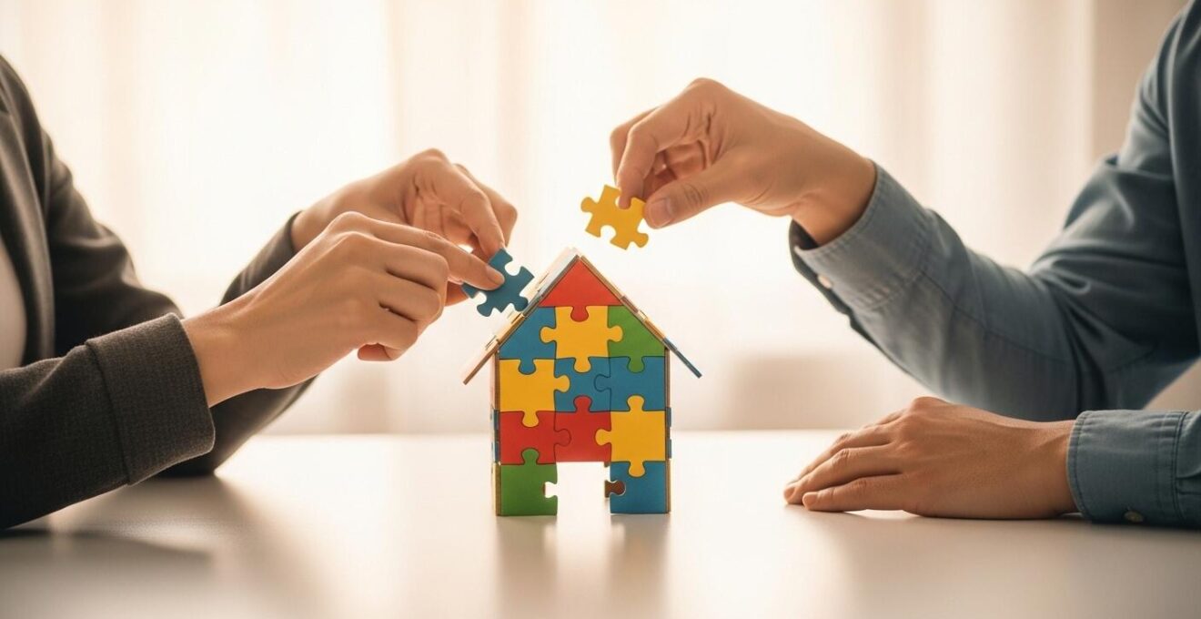 Illustration symbolique de deux personnes construisant ensemble une maison en puzzle représentant leur relation