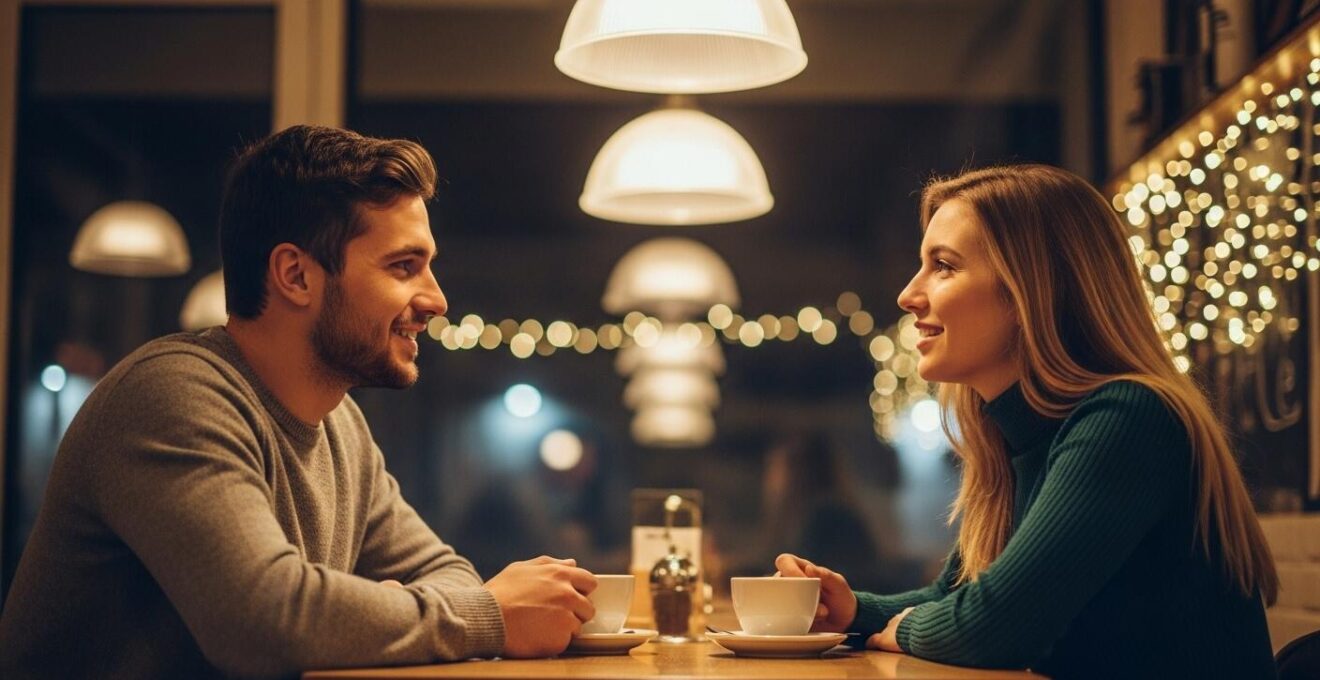 Couple discutant paisiblement lors d'un troisième rendez-vous, ambiance détendue et complicité naissante