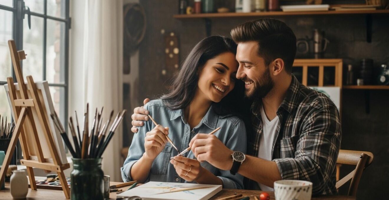 Couple souriant partageant une activité passionnante ensemble dans un cadre convivial et lumineux