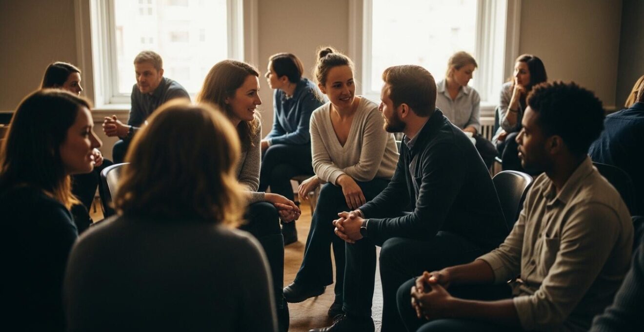 Une scène de speed-dating avec des personnes diverses échangeant authentiquement dans un lieu chaleureux