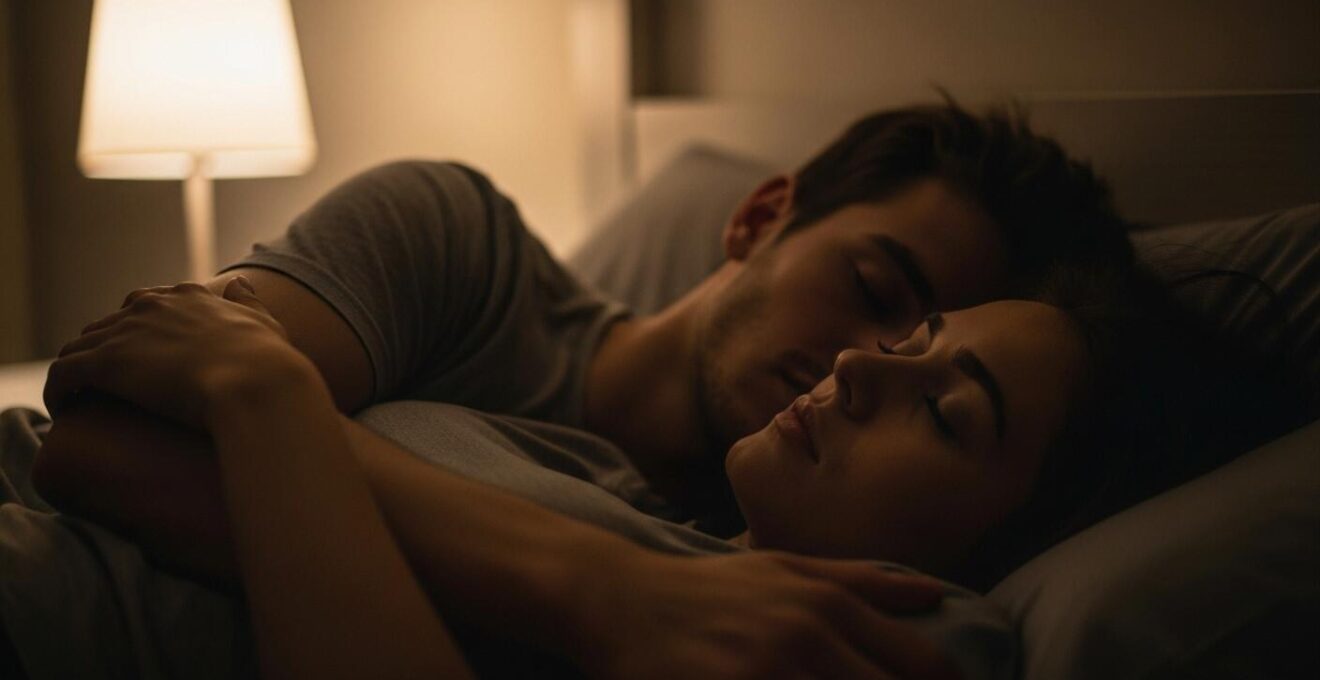 Un couple partageant un moment de câlin silencieux le soir, symbolisant la sécurité et l'attachement renforcés par des rituels simples.