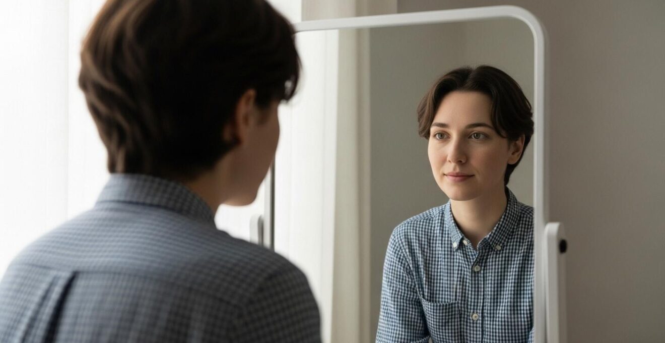 Illustration conceptuelle représentant une personne se regardant dans un miroir déformant, symbolisant le biais dans les tests de personnalité