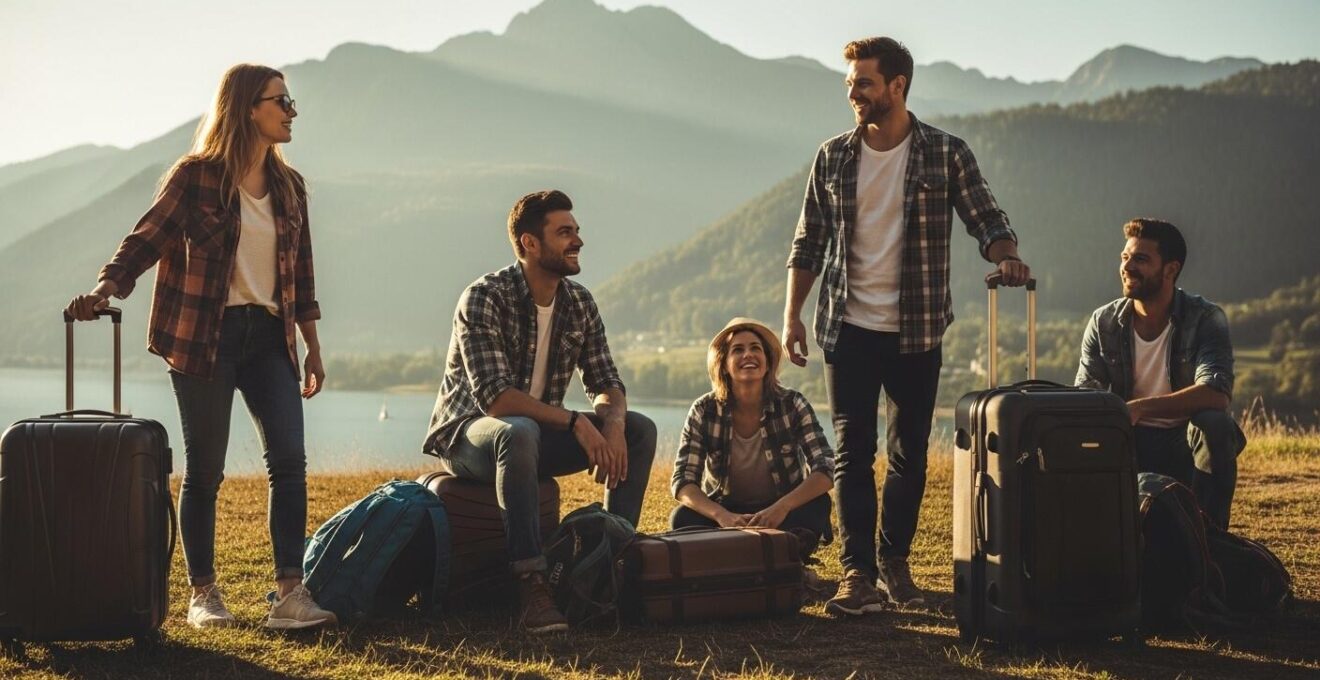Couple souriant rencontrant des amis lors d'un voyage organisé, ambiance chaleureuse et animée