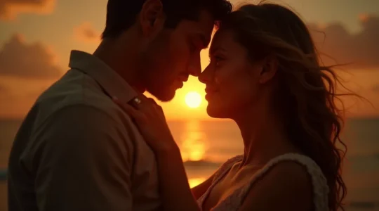 Une image symbolique d'un couple connecté émotionnellement, avec des éléments de lumière douce et des gestes de complicité