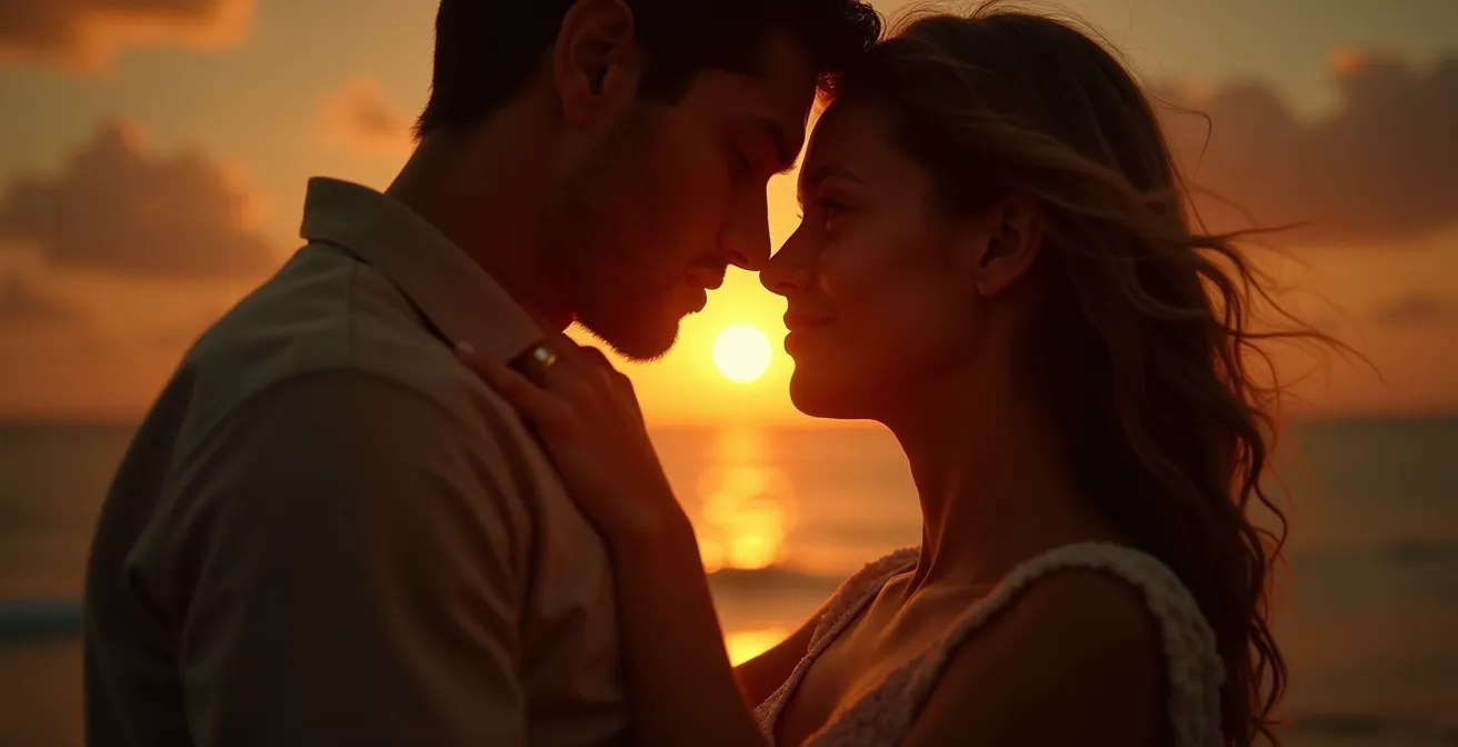 Une image symbolique d'un couple connecté émotionnellement, avec des éléments de lumière douce et des gestes de complicité