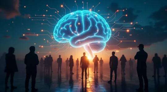 Représentation symbolique d'un cerveau humain connecté à une interface numérique, avec des flux de données circulant entre des profils humains et un algorithme central, illustrant la fusion entre émotion et technologie dans les rencontres modernes.