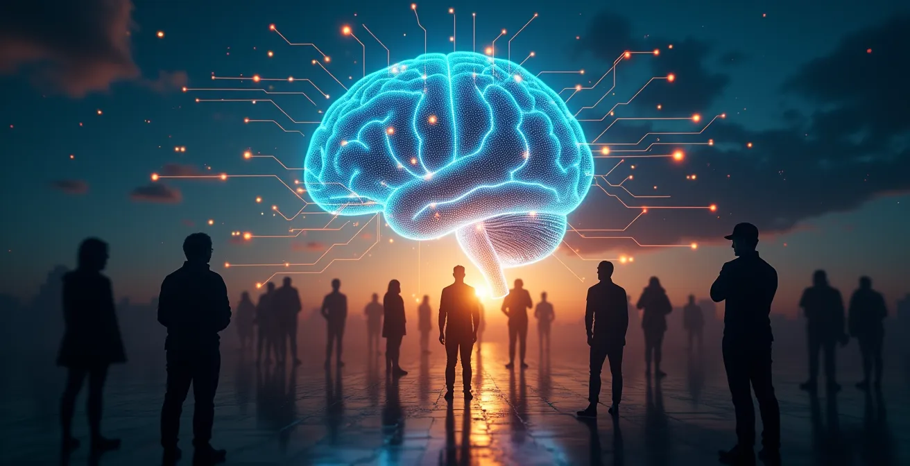 Représentation symbolique d'un cerveau humain connecté à une interface numérique, avec des flux de données circulant entre des profils humains et un algorithme central, illustrant la fusion entre émotion et technologie dans les rencontres modernes.