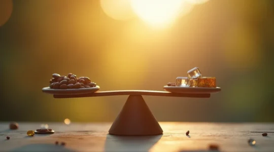 Illustration symbolique représentant une balance équilibrant des attentes amoureuses trop élevées et trop basses