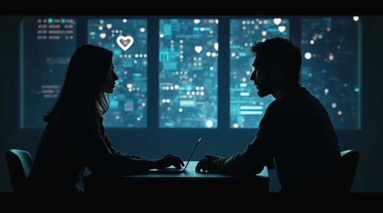 Silhouette d'un couple face à un écran numérique symbolisant un algorithme de rencontre