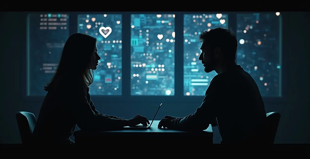 Silhouette d'un couple face à un écran numérique symbolisant un algorithme de rencontre