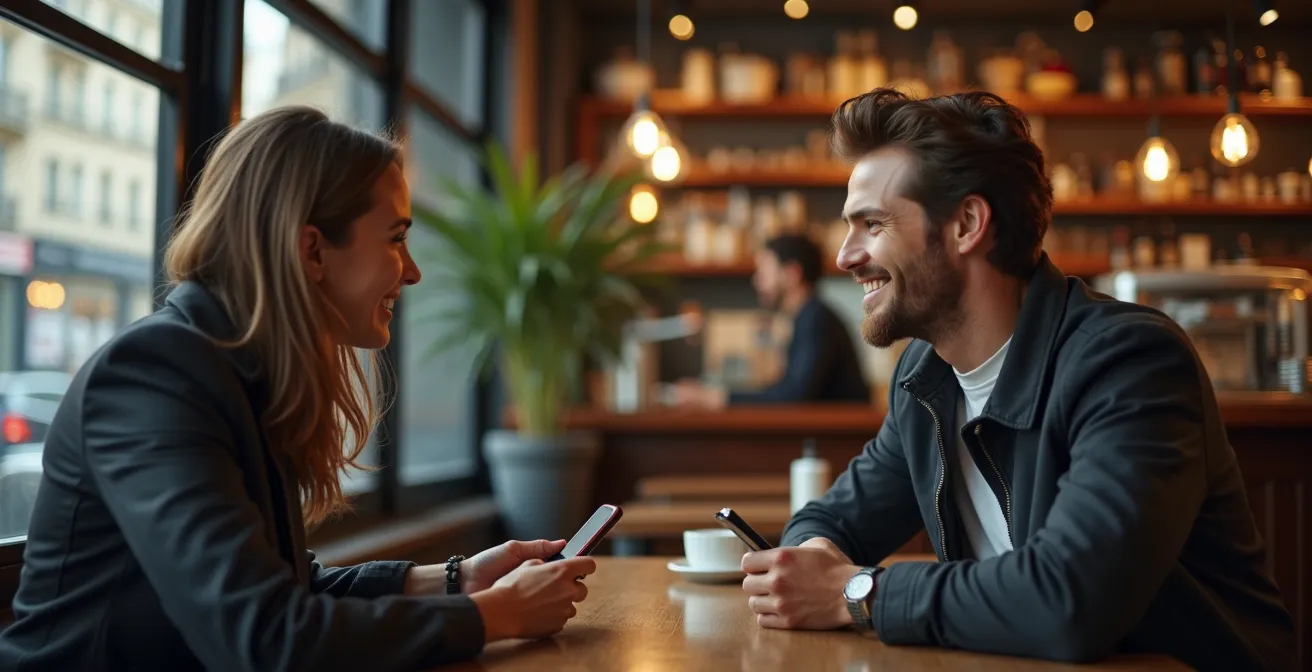 Deux personnes se rencontrant pour la première fois dans un café, atmosphère détendue mais légèrement anxieuse