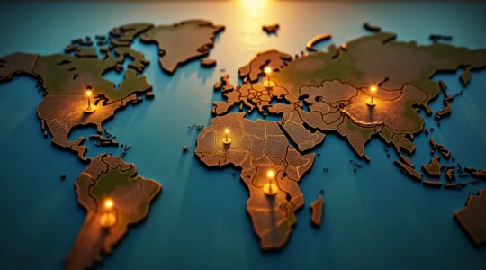 Illustration symbolique représentant une carte stylisée avec 7 territoires variés où les rencontres amoureuses sérieuses peuvent se produire, intégrant des éléments urbains, sociaux et naturels.