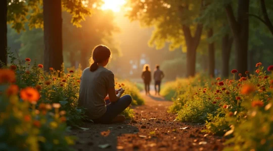 Illustration représentant une personne sereine cultivant son jardin intérieur tandis que l'amour apparaît naturellement autour d'elle