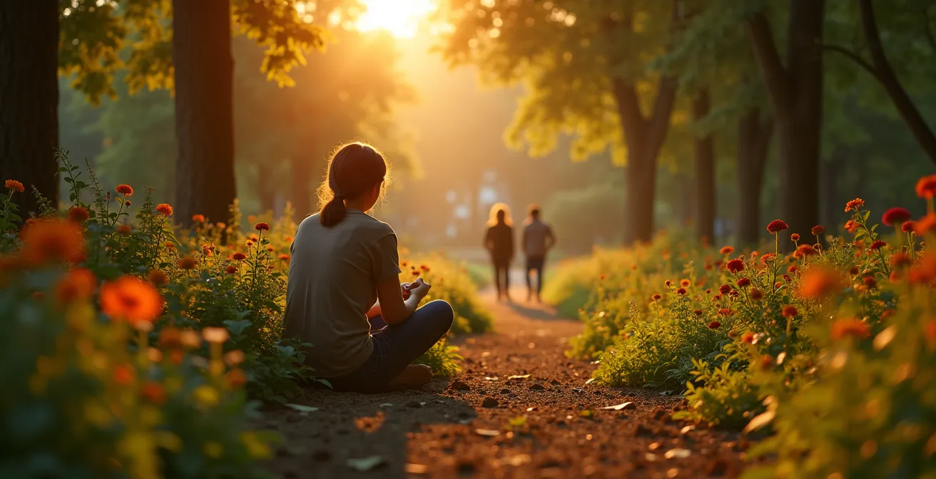 Illustration représentant une personne sereine cultivant son jardin intérieur tandis que l'amour apparaît naturellement autour d'elle