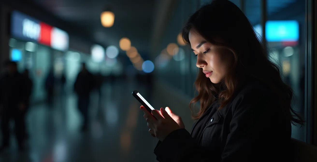 Une personne consultant discrètement son téléphone dans un lieu public, avec des symboles discrets de sécurité autour (clé, cadenas, lieu public).