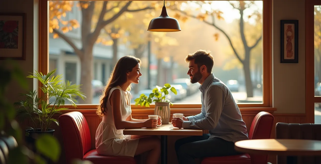 Un couple assis dans un café cosy, discutant avec des options de lieux visibles autour comme un parc et une librairie.