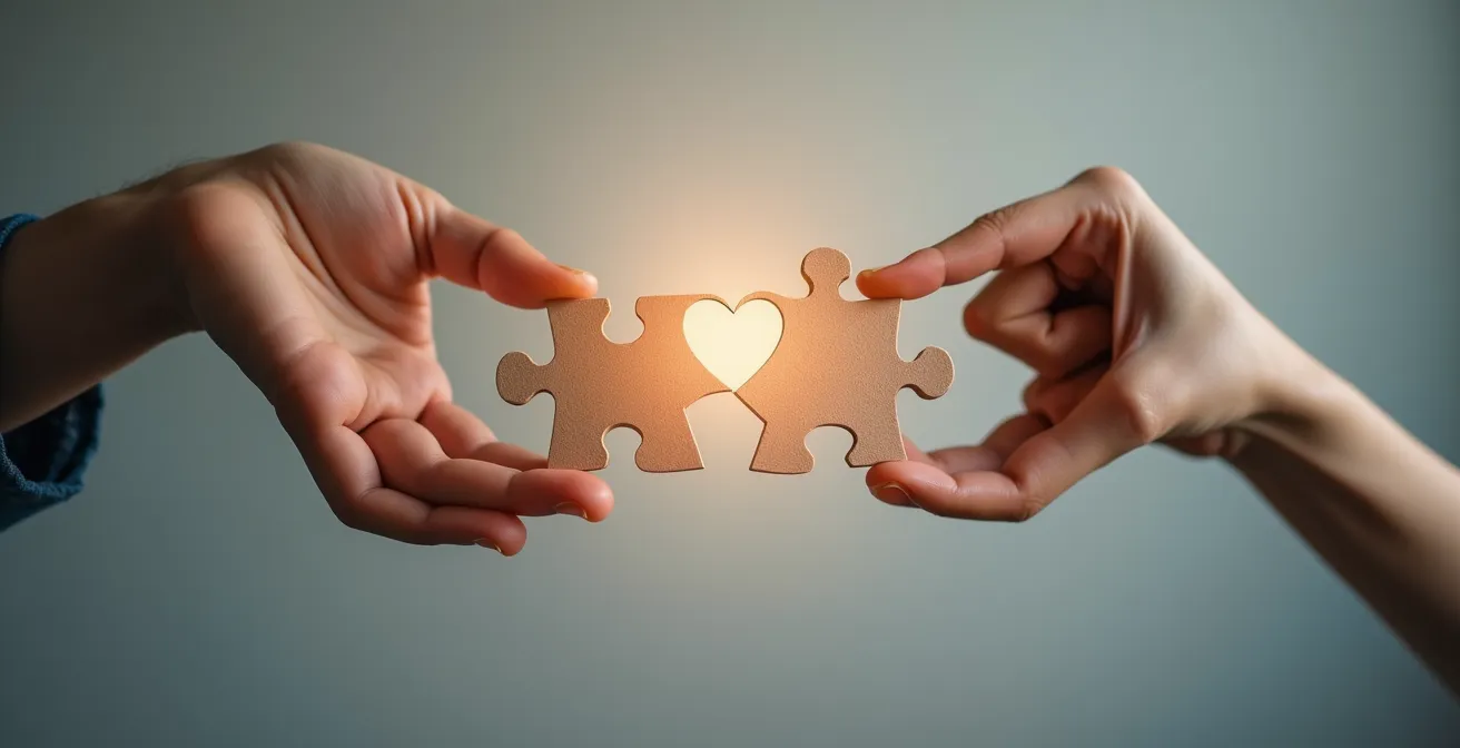 Une image symbolique montrant deux personnes avec des pièces de puzzle différentes s'assemblant pour former un cœur.