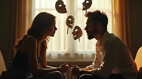 Deux personnes face à face dans un moment d'intimité émotionnelle, leurs visages reflétant l'authenticité et la vulnérabilité, avec des masques sociaux qui tombent autour d'eux