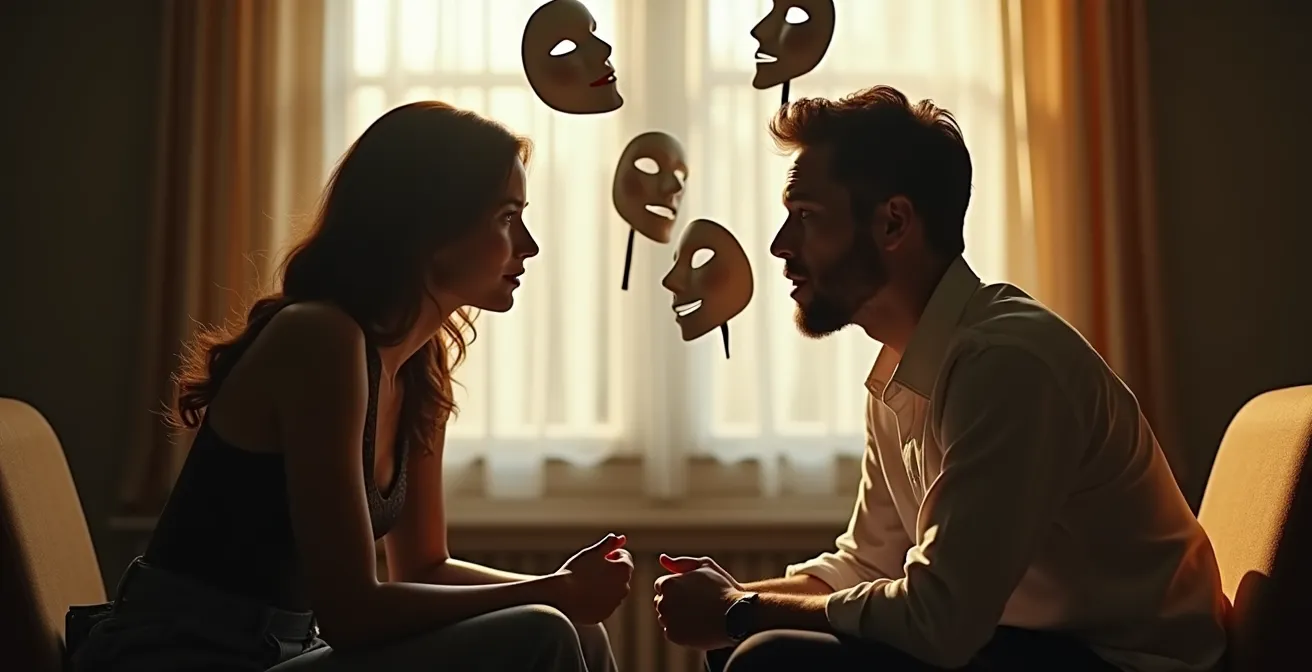 Deux personnes face à face dans un moment d'intimité émotionnelle, leurs visages reflétant l'authenticité et la vulnérabilité, avec des masques sociaux qui tombent autour d'eux