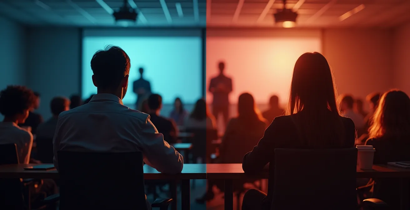 Contraste entre une personne passive qui consomme une activité et une autre qui contribue activement en organisant et fédérant un groupe