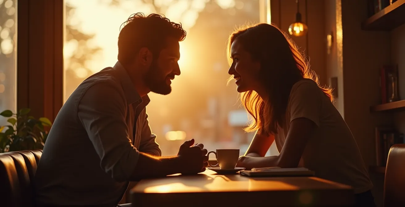 Un couple assis face à face dans un café, partageant un silence confortable et complice.