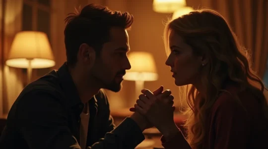 Une scène symbolique montrant deux personnes en pleine conversation intense et profonde dans un cadre intimiste et chaleureux