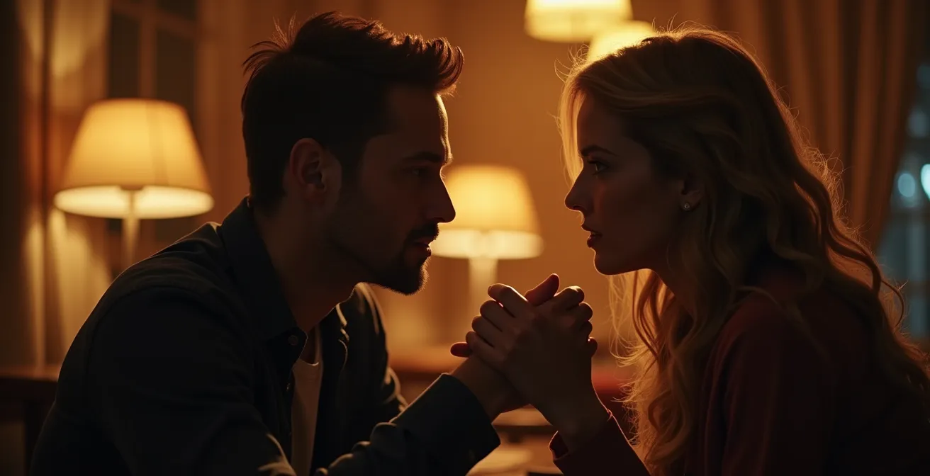 Une scène symbolique montrant deux personnes en pleine conversation intense et profonde dans un cadre intimiste et chaleureux