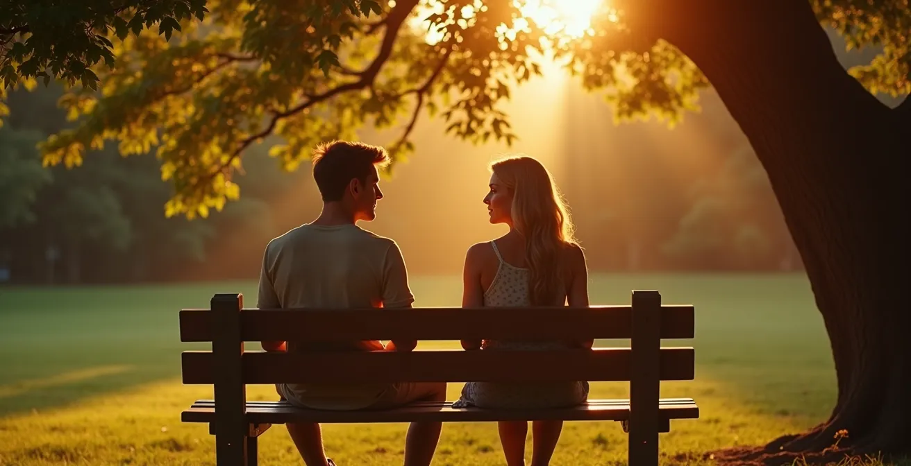 Deux amis assis sur un banc dans un parc, conversation intime et émotionnelle sous un coucher de soleil